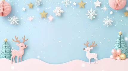 Obraz premium Festive winter scene featuring two cute reindeer, colorful decorations, and snowflakes on a pastel blue background
