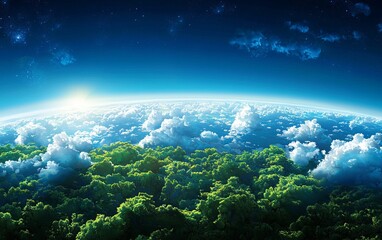Fototapeta premium A breathtaking view of Earth from above, showcasing lush greenery and vibrant clouds under a beautiful blue sky.