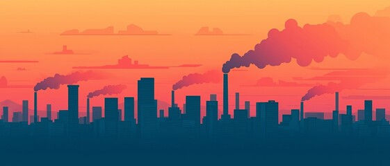 Fototapeta premium A dramatic sunset casts vibrant colors over a city skyline, emphasizing industrial buildings and smoke rising into the sky.