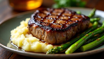 A photorealistic image of a sizzling steak on a hot plate, with steam rising from the meat. The steak should be perfectly cooked, with a crispy crust and a juicy interior