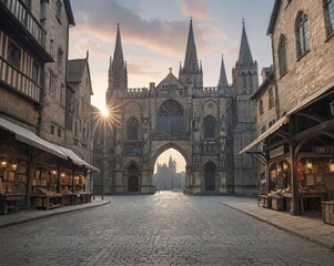Fototapeta premium Abandoned Medieval Market Square: Stone Shops and Gothic Cathedral at Dusk 