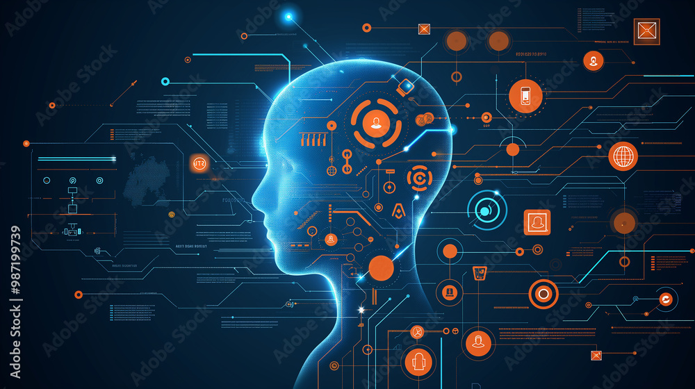 Poster the concept of llm, ai large language model with icons concept. ai deep learning to use for work sup