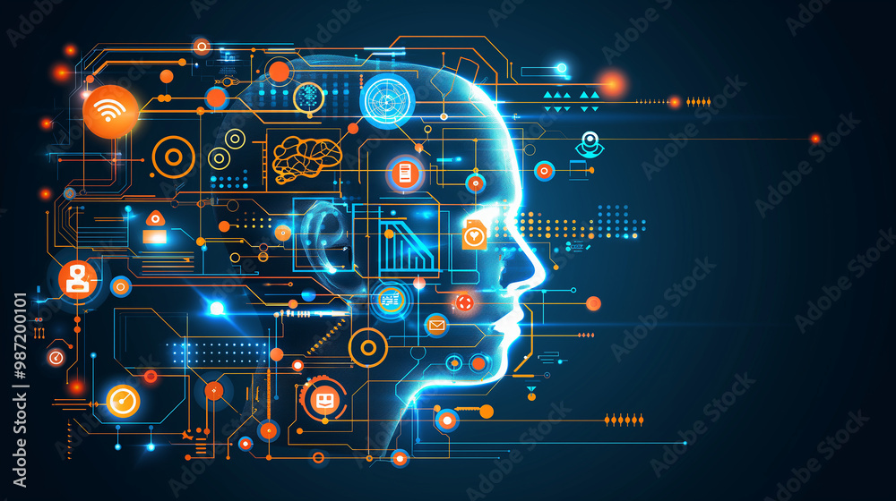 Poster the concept of llm, ai large language model with icons concept. ai deep learning to use for work sup