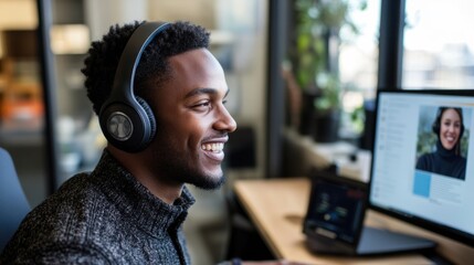 Fototapeta premium Young man wearing a headset, smiling while talking to a colleague in a remote work environment from home.