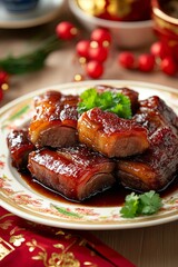 Chinese braised pork belly (Hong Shao Rou) on a plate, surrounded by Chinese New Year red and gold decorations. Ideal for banners showcasing traditional meals and festive celebrations.
