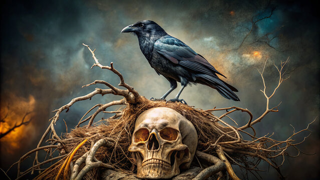 A dark crow perches atop a weathered skull, entwined in gnarled branches under a dramatic sky filled with swirling clouds during twilight