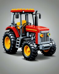 A red and yellow toy tractor isolated on a grey background.