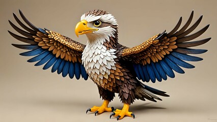 Obraz premium Cartoon bald eagle with wings spread wide, standing on a beige background.