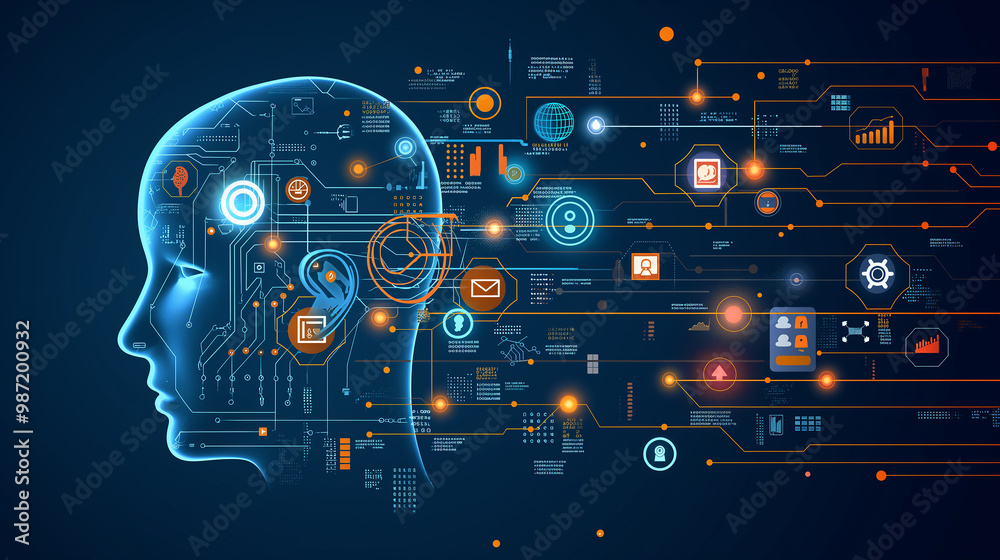 Poster the concept of llm, ai large language model with icons concept. ai deep learning to use for work sup