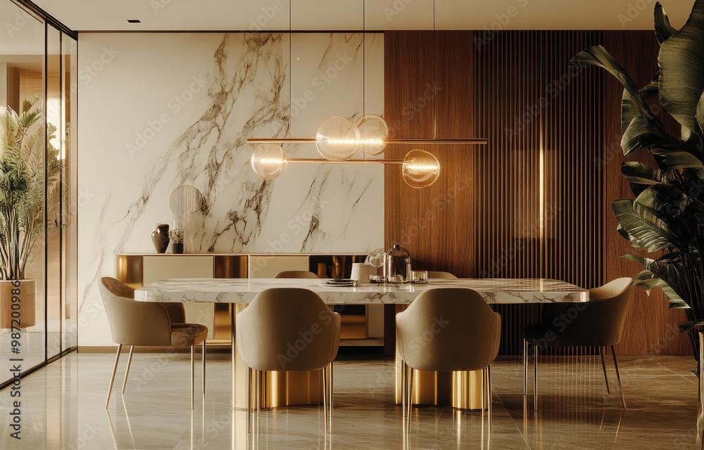 Wall mural a dining table with chairs and a cabinet in the background, marble top, brass-legged structure, mode