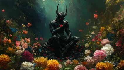 Demonic figure holding a rose amidst colorful flowers.