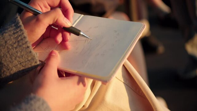 A woman in a blue sweater sits in a park and diligently draws a sketch of a logo with her left hand in a notebook with a mechanical pencil. Developing a sketch outdoors, remote work of a designer