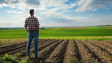 a farmer surveying a large plot of farmland, illustrating the use and management of acres for agricultural purposes