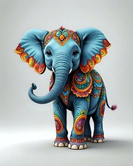 Fototapeta premium A cute cartoon elephant with colorful patterned markings and a white background.