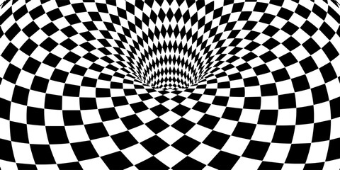 Abstract black chess pattern on white. Optical texture effect on torus surface. Vector Illustration. Smooth checkered radial.