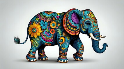 Fototapeta premium A colorful and intricate illustration of an elephant with floral patterns and swirls.