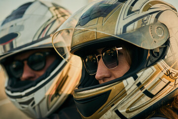Travel, motorbike and face of couple with helmet for vacation, adventure and road trip together....