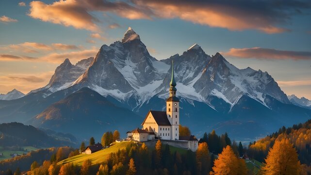An iconic image of Bavaria featuring the charming Maria Gern church in  with the majestic Hochkalter peak rising in the background, generative ai