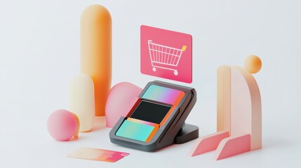 A 3D render of a supermarket loyalty card being scanned, symbolizing rewards programs, sleek and colorful, isolated on white background