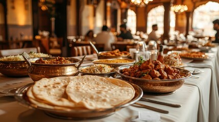 Fototapeta premium A beautifully arranged table featuring a variety of dishes, including breads and rich curries, set in an inviting dining atmosphere.
