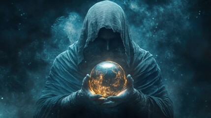 illustration of a cloaked figure with a glowing orb, representing mysticism and the occult, creating a mysterious and magical ambiance