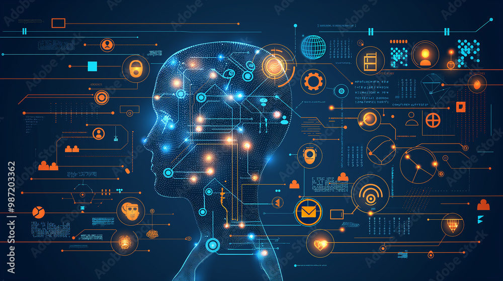 Poster the concept of llm, ai large language model with icons concept. ai deep learning to use for work sup