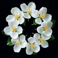 A circle of white flowers with yellow stamens and green leaves highlights nature's elegance against a contrasting black backdrop