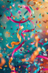 Fototapeta premium Playful Abstract Birthday Background with Dynamic Neon Ribbons and Confetti for Party Design