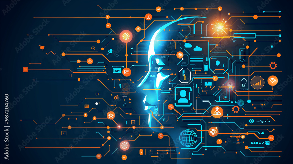 Poster the concept of llm, ai large language model with icons concept. ai deep learning to use for work sup