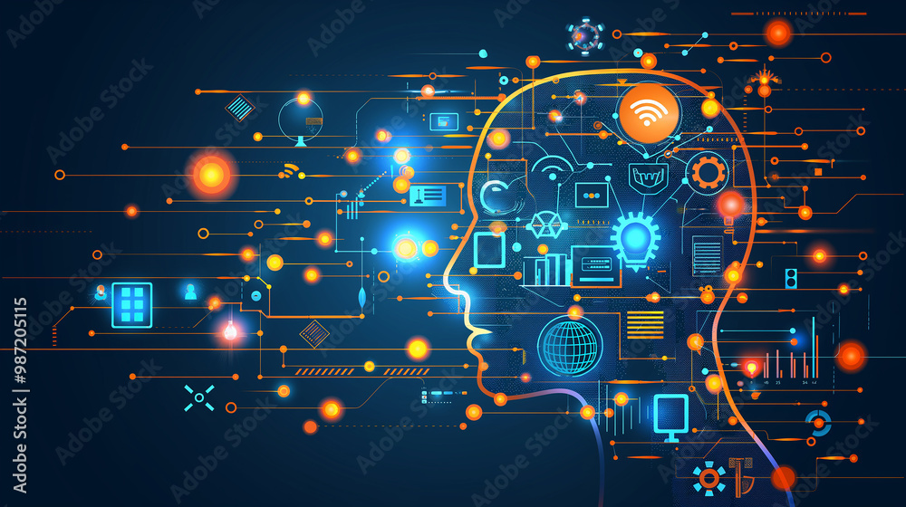 Poster the concept of llm, ai large language model with icons concept. ai deep learning to use for work sup