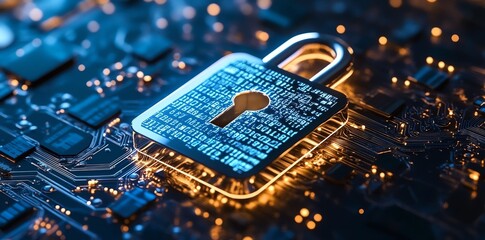 A glowing padlock on a circuit board, representing cybersecurity.