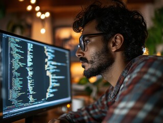 A man programmer looks at a computer screen. Programming, digital design, new work.