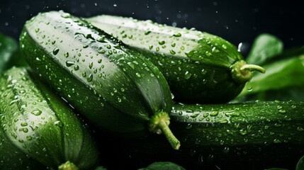 Pile of fresh zucchinis with glistening droplets of water. Advertising photography. Neural network ai generated art