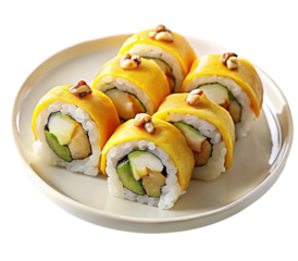 Delicious mango sushi rolls with avocado and tofu on a white plate