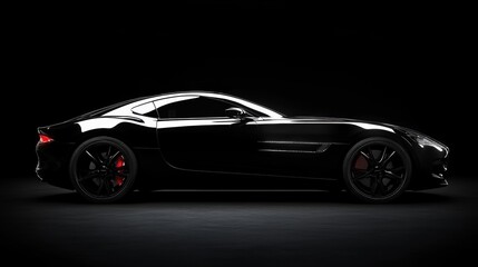 Luxury expensive black car parked on black  background. Sport and modern luxury design car. Shiny clean lines and detailed side view of modern automotive. Automotive advertising banner.