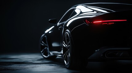 Luxury expensive black car parked on black  background. Sport and modern luxury design car. Shiny clean lines and detailed back view of modern automotive. Automotive advertising banner.