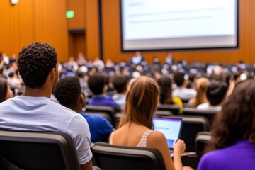 A group of diverse university students attentively listen to a lecture in a large hall.