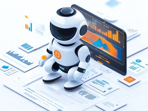 A humanoid robot stands on a screen that displays data analytics and a bar chart.