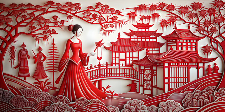 Story of Mulan depicted through intricate paper cutting art, Mulan, heroic journey