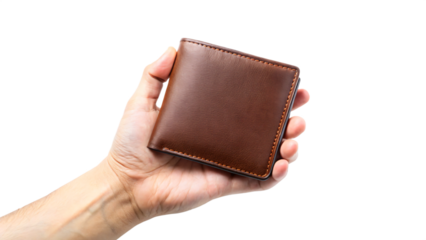 Isolated brown leather wallet in hand holding dollar bill, financial concept
