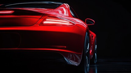 Luxury expensive red car parked on black background. Sport and modern luxury design car. Shiny clean lines and detailed side view of modern automotive. Automotive advertising banner.