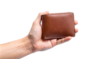 Isolated brown leather wallet in hand holding dollar bill, financial concept