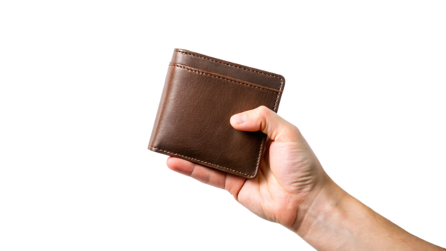 Isolated brown leather wallet in hand holding dollar bill, financial concept