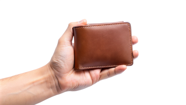 Isolated brown leather wallet in hand holding dollar bill, financial concept