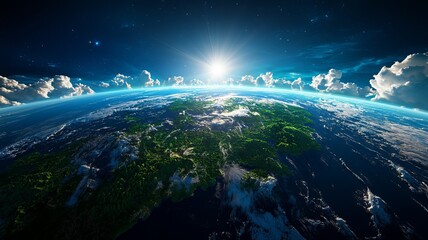 Fototapeta premium A stunning view of Earth from space, showcasing vibrant landscapes and a bright sun illuminating the atmosphere.