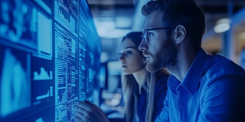 A man and a woman are looking intently at a large computer screen displaying data and graphs. The man is pointing at the screen with his right hand.
