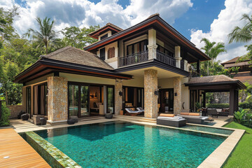 Fototapeta premium an elegant one-story villa with wooden accents, featuring a large pool and sun loungers on the deck in front. The exterior walls feature gray stone tiles, while inside is a spacious living room