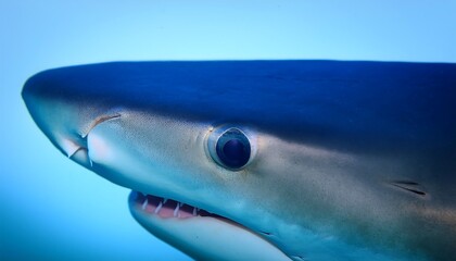 Fototapeta premium Close-up view of a shark's eye and mouth, highlighting its sharp teeth and powerful gaze. The detailed focus captures the predator's intense expression, emphasizing the shark's dominance in the ocean.