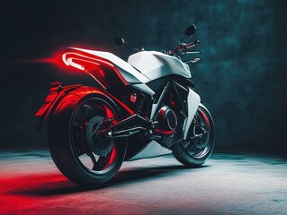 Futuristic electric motorcycle showcased in dramatic lighting, emphasising its sleek design and modern technology.
