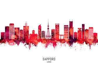 Naklejka premium Sapporo Japan Skyline Red